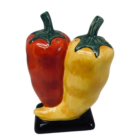 Clay Art Hand Painted Chili Pepper Salt & Pepper Shakers Ceramic 12" Red Yellow - Picture 1 of 6
